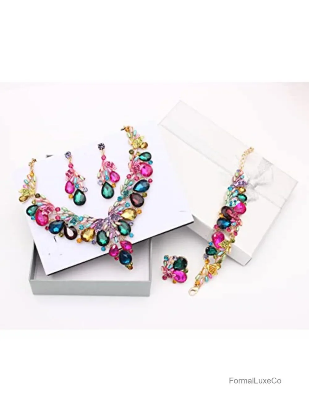 Statement Jewelry Set with Rhinestone Crystal Pearl - 14k Gold Plated